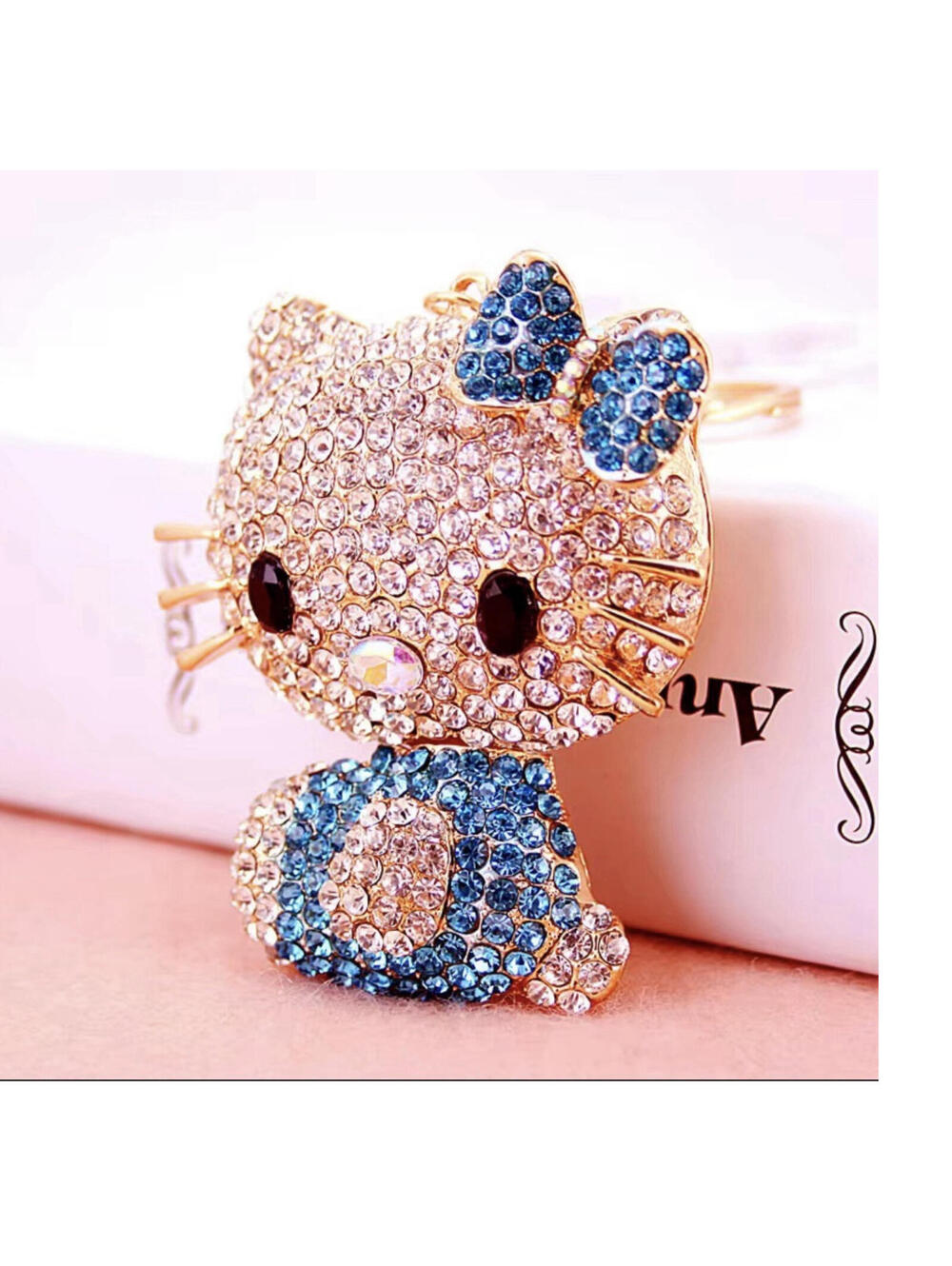 Hello Kitty Blue Rhinestone Metal Clip-On Glitter Animation Keychain